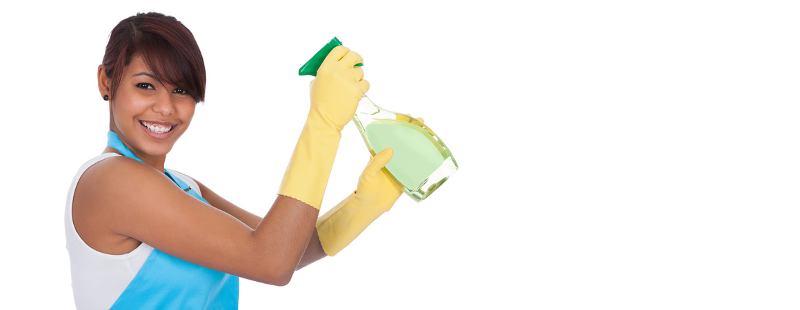 A person holding a spray bottle and cleaning cloth.
